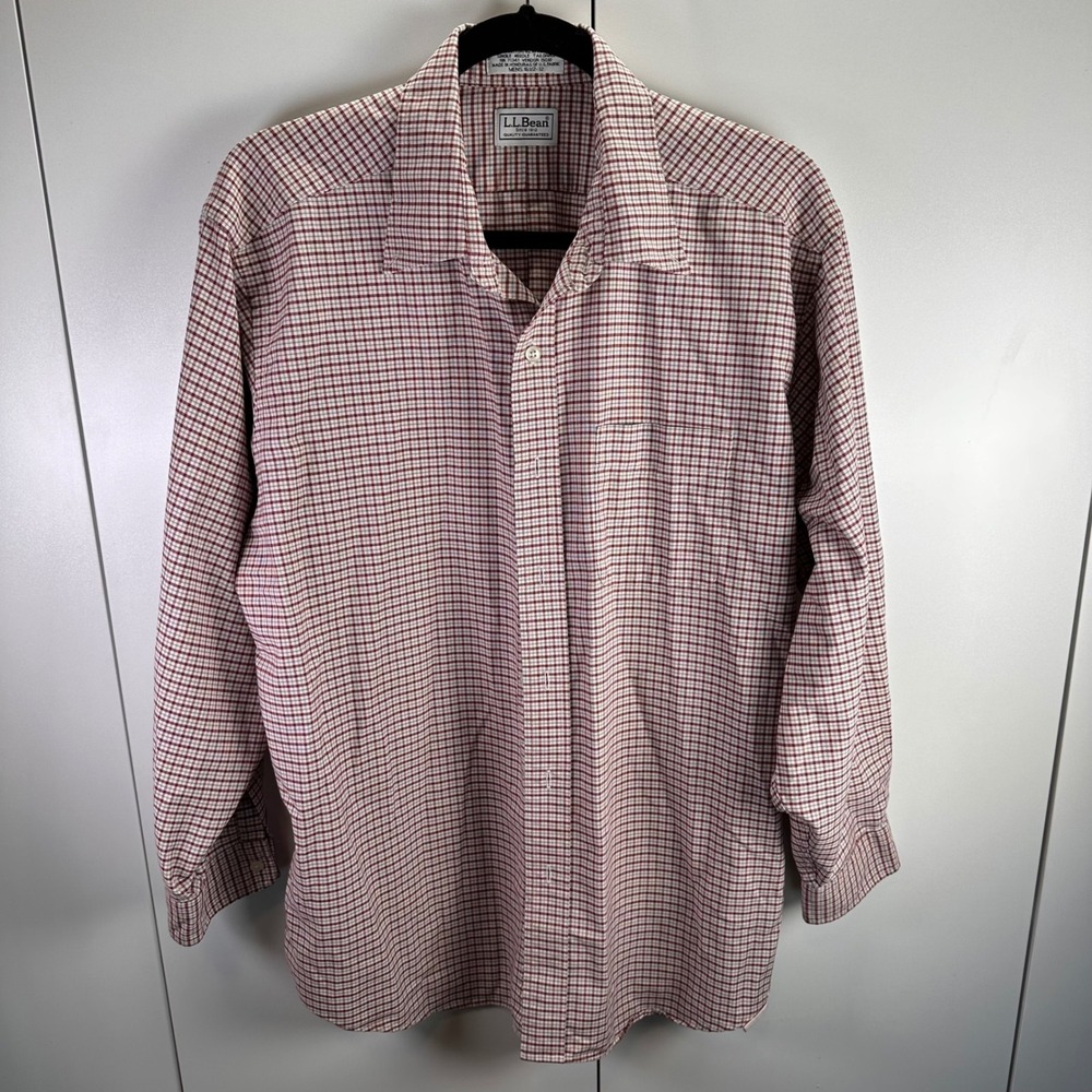 L.L.Bean Mens 16 1/2-32 Burgundy Plaid Button Down Shirt Long Sleeve Preppy
